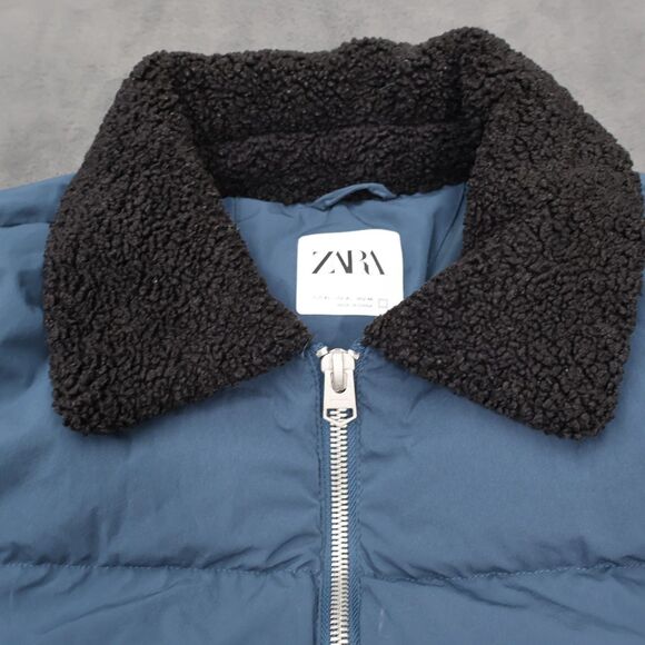 Zara Mens Puffer Bomber Jacket XL Blue Sherpa Lined Collar Full Zip Coat - Picture 3 of 16